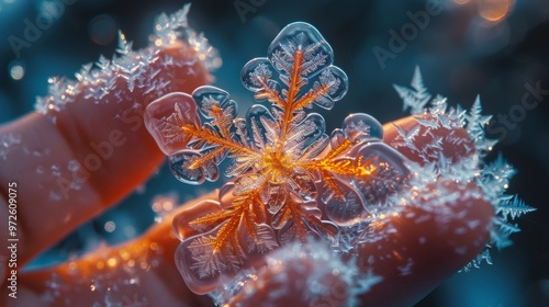 close up of snowflake on a hand photo