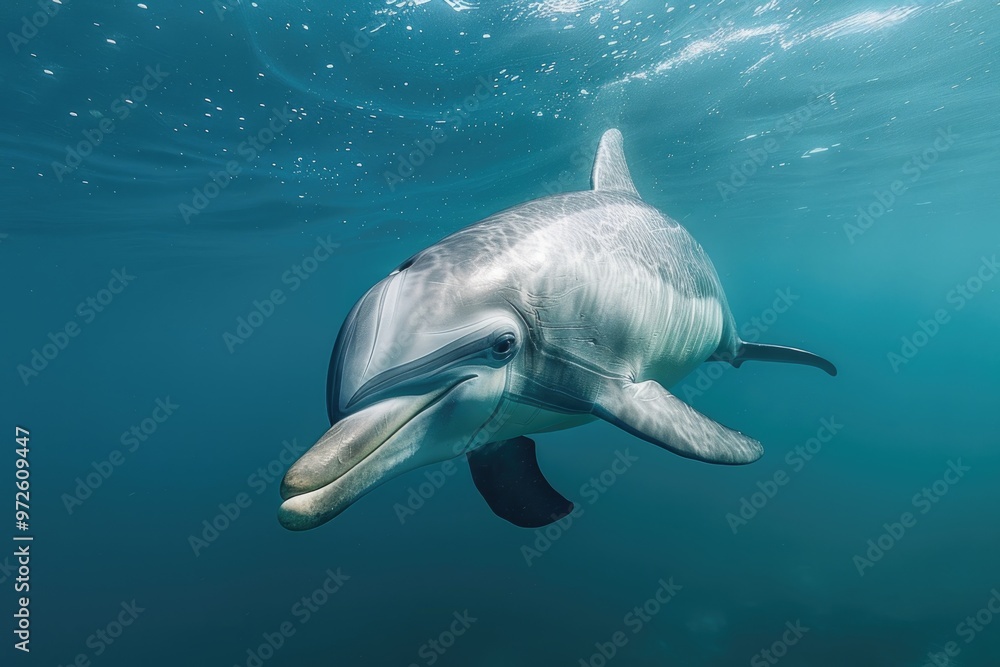 Fototapeta premium Playful Dolphin Swimming Under Sunlit Ocean Waters