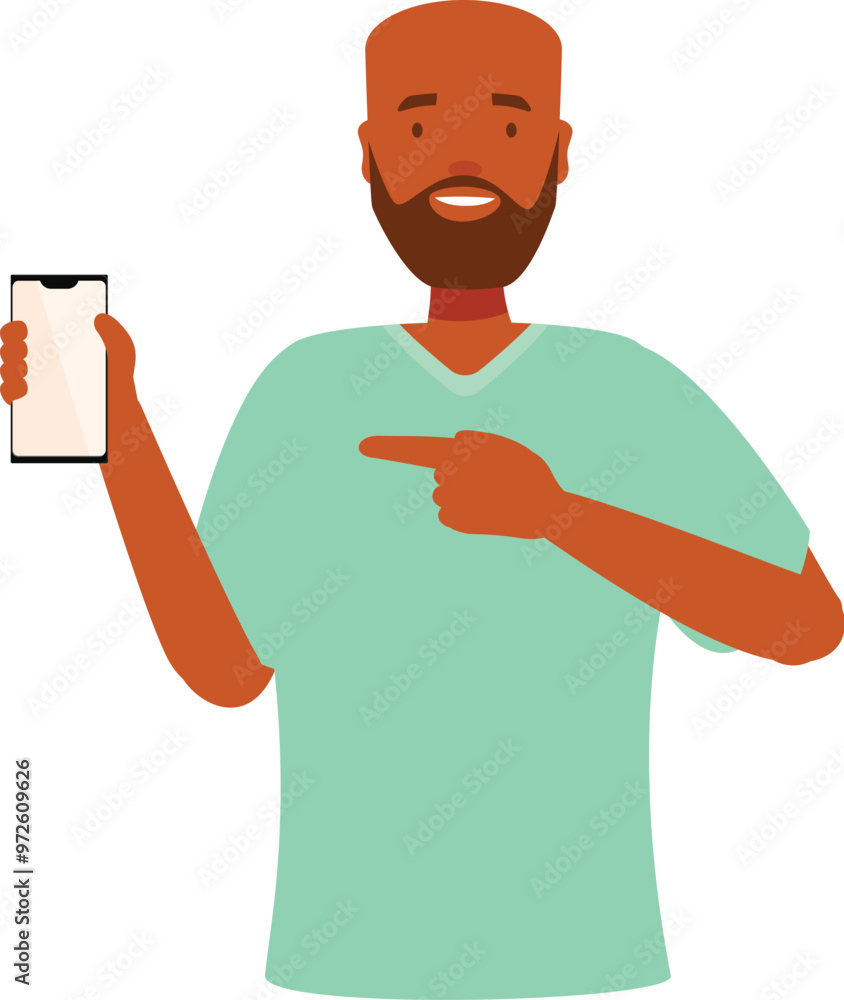 Smiling doctor is holding a smartphone and pointing at it with his finger Smiling doctor is holding a smartphone and pointing at it with his finger
