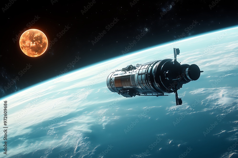 Spacecraft in Orbit with Distant Sun Over Earth, Futuristic Satellite Floating Above the Planet Spacecraft in Orbit with Distant Sun Over Earth, Futuristic Satellite Floating Above the Planet