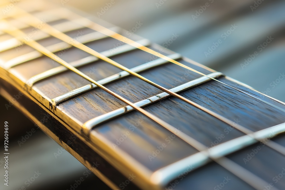 Close up of guitar strings and fretboard with copy space