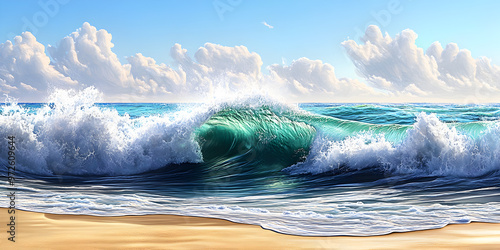 Photorealistic crashing and rolling waves in the ocean, detailed, the ocean in the background, sand in the foreground, blue sky, wide shot, low angle, realistic, style of katherine burns photo