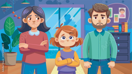 A tense family of three in a purple and yellow living room with unhappy expressions. Mother and daughter cross arms while father looks concerned.