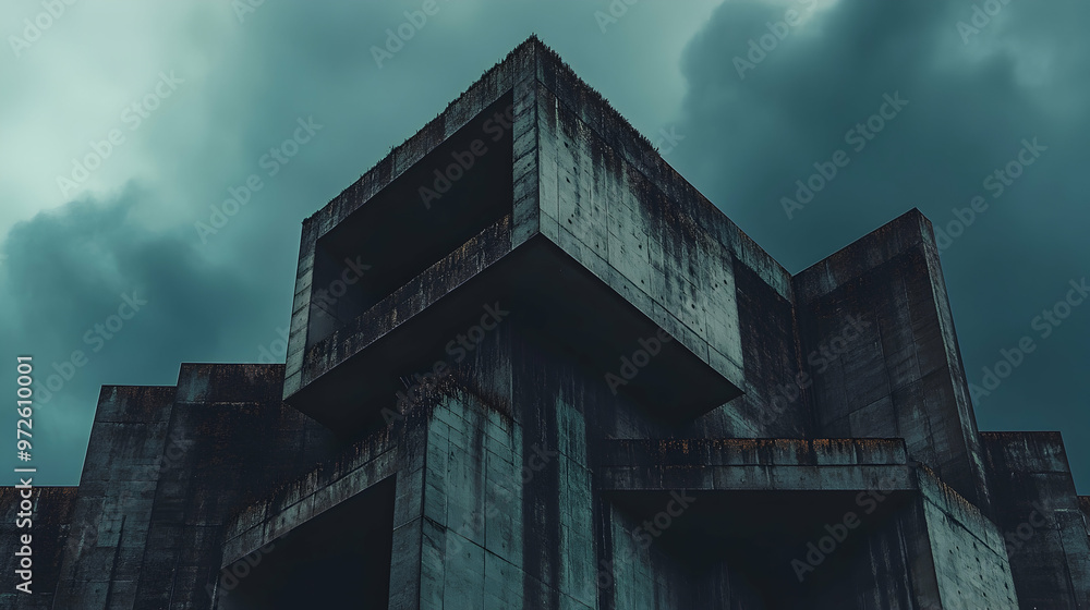photograph of a Neo Brutalist building with sharp, angular lines a dramatic sky. photograph of a Neo Brutalist building with sharp, angular lines a dramatic sky.