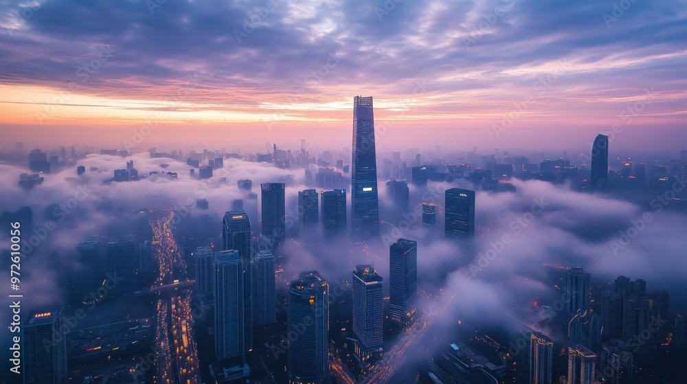 Fototapeta premium In the early morning, clouds cover modern city skyline and skyscrapers stand tall in front of it.