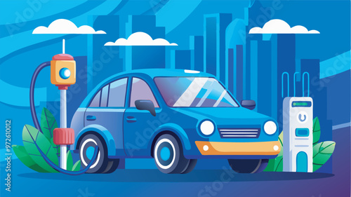 Image of blue electric car at charging station in urban setting with greenery. Symbolizes eco-conscious future with electric vehicles and sustainable living in cities.