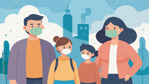 Illustration: family of four in masks outdoors with cityscape backdrop. Frame hints at tension or concern.