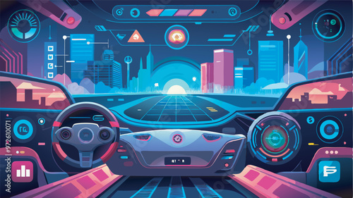 A car cockpit at night on a highway: dashboard with colored symbols, speedometer reading '10', pink and blue hues, cityscape, neon lights, tunnel, futuristic vibe.