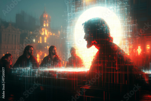 A modern stylized depiction of The Last Supper featuring Jesus and disciples in a digital art style 