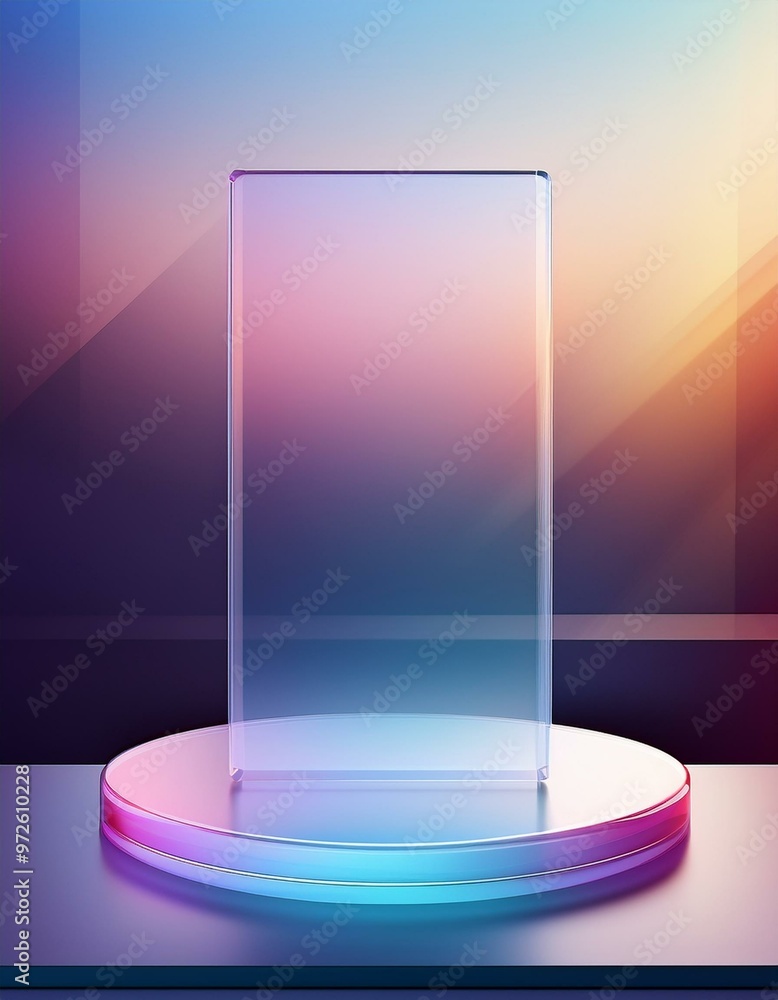 A user interface mockup podium using glassmorphism, with semi-transparent panels and frosted glass effects showing art