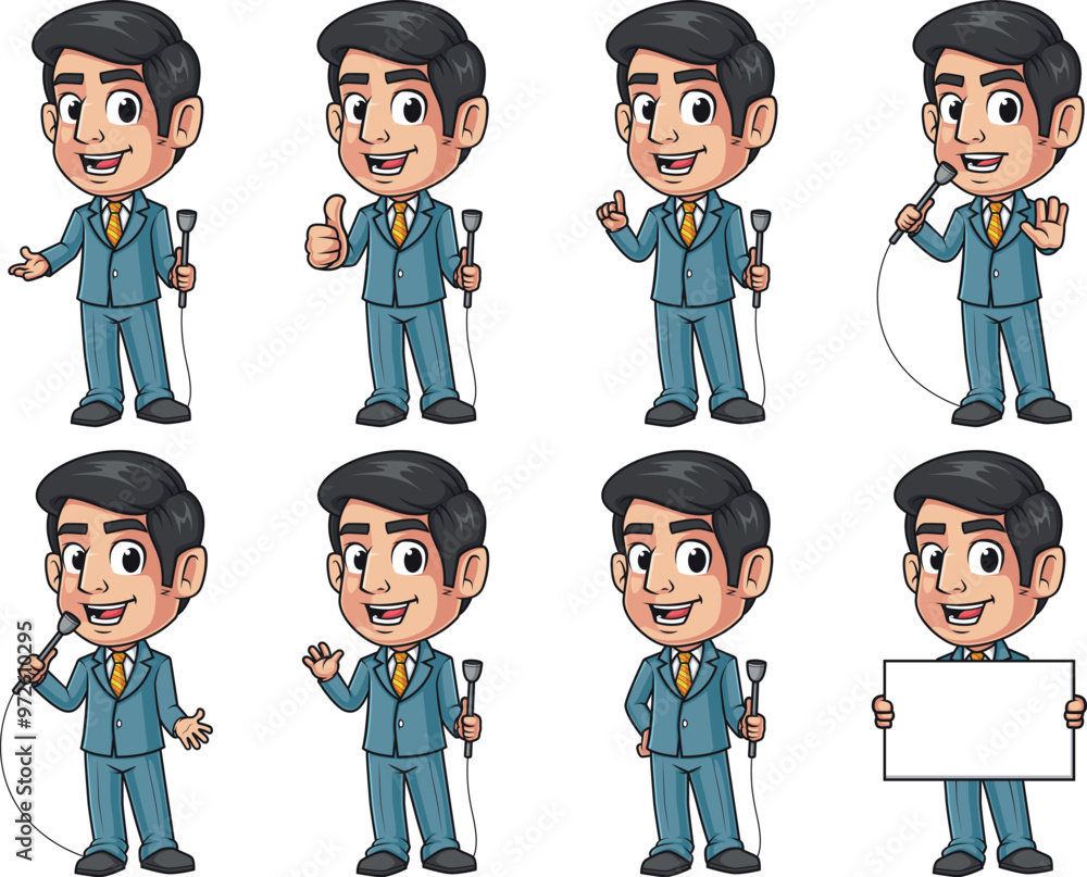 TV host showman cartoon character. Vector illustrations bundle with each image on a separate layer. TV host showman cartoon character. Vector illustrations bundle with each image on a separate layer.
