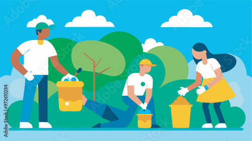 Three people plant trees outdoors under a blue sky. They wear casual white t-shirts, one with a yellow bag. Cyrillic text "контур" is visible.