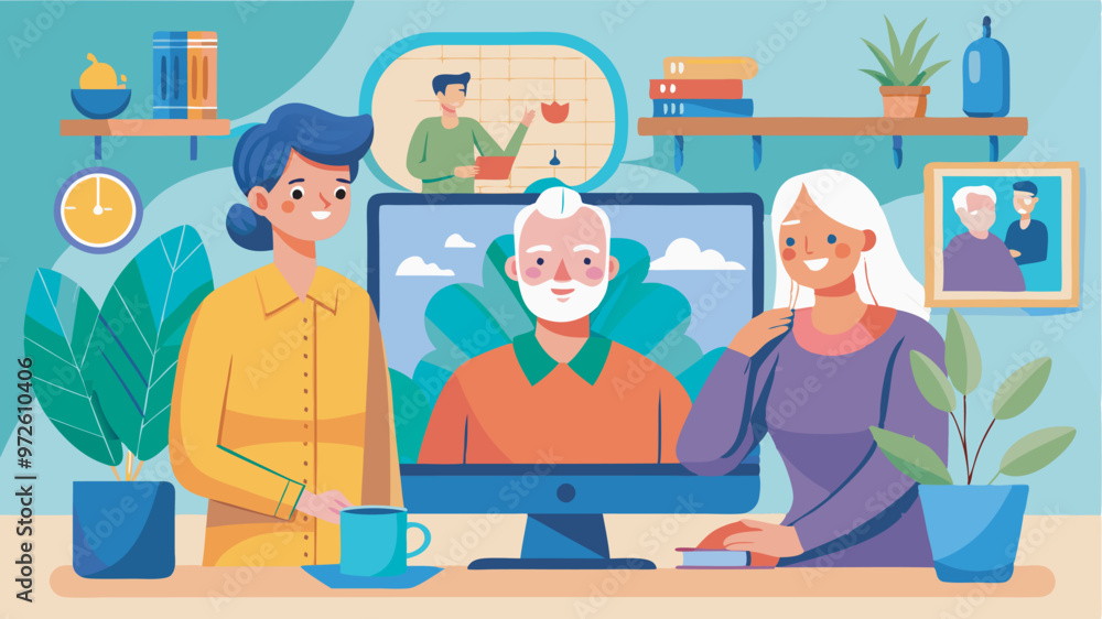 The illustration shows two women in a cosy room having a video conference with a shabby man The illustration shows two women in a cosy room having a video conference with a shabby man