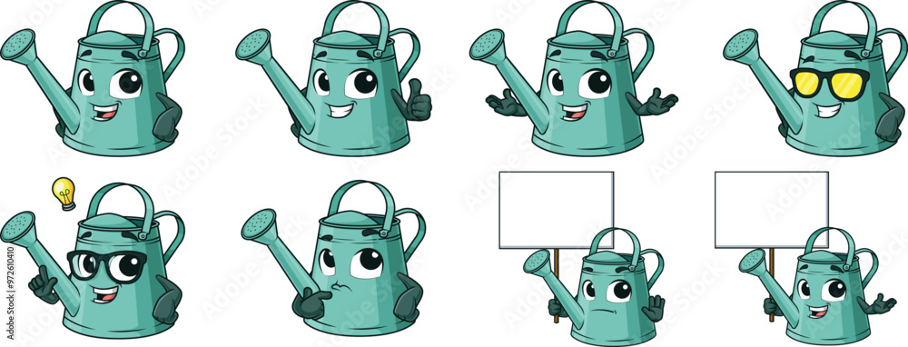 Obraz premium Cartoon watering can mascot character. Vector illustrations bundle with each image on a separate layer.