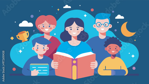 Illustration of a diverse group around an open book with thematic elements. education and distance learning theme