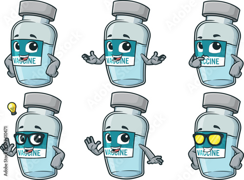 Cartoon vaccine vial mascot character. Vector illustrations bundle with each image on a separate layer.