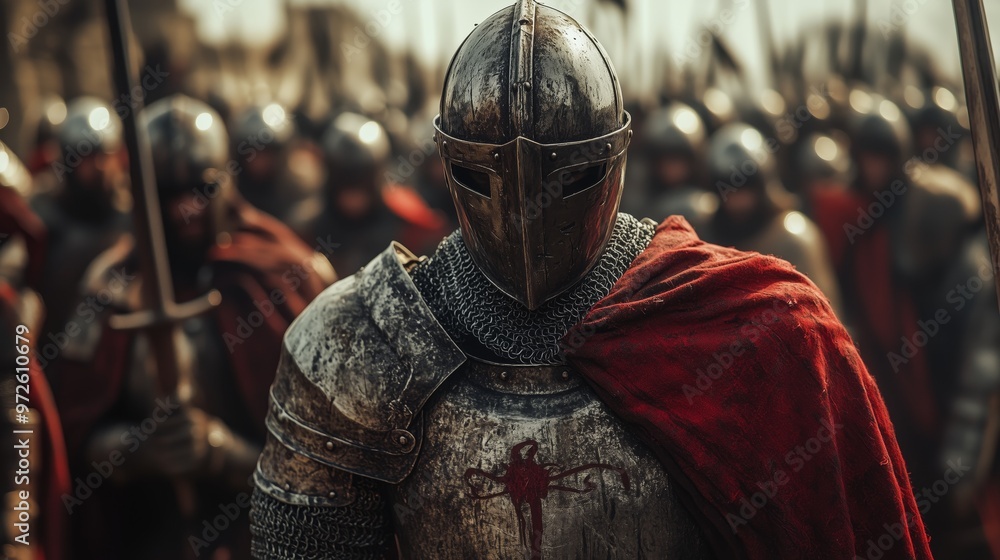 Cinematic photography of a medieval knight in armor, standing among other knights with helmets on and red capes Cinematic photography of a medieval knight in armor, standing among other knights with helmets on and red capes