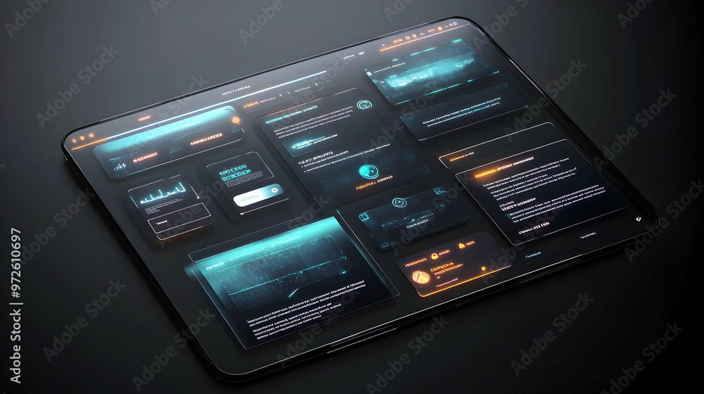 A sleek user interface using glassmorphism, with semi-transparent panels. A sleek user interface using glassmorphism, with semi-transparent panels.