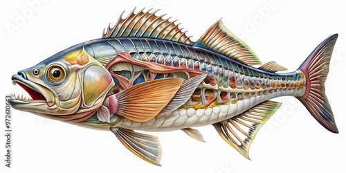 Illustrated anatomy of a fish showing labeled external and internal organs, bones, and features, including scales, photo