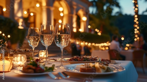 A beautifully set table with sparkling wine glasses, and an array of delectable dishes