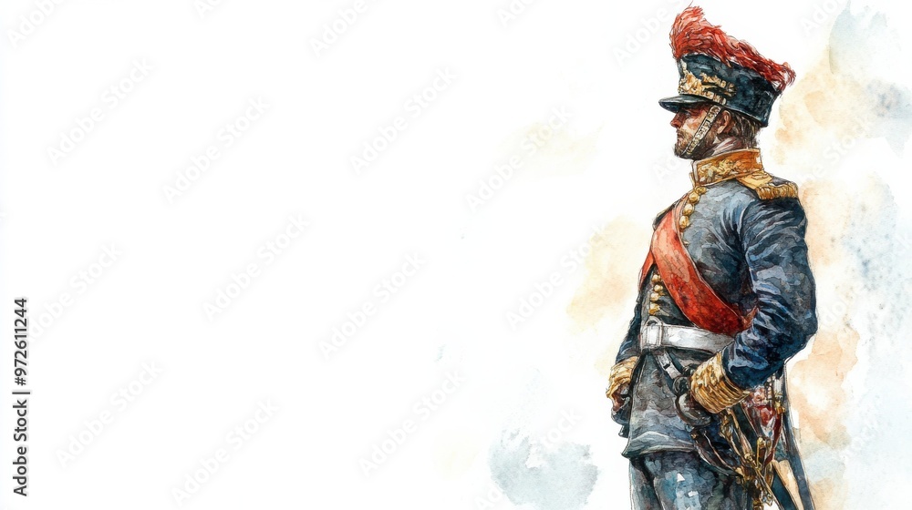 A historical military officer stands in full uniform, showcasing detailed attire with vibrant plumage in a bright and artistic rendition A historical military officer stands in full uniform, showcasing detailed attire with vibrant plumage in a bright and artistic rendition