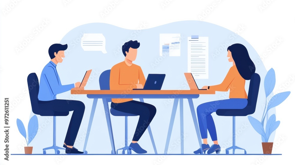 Three people sitting at a table with laptops on them, AI Three people sitting at a table with laptops on them, AI