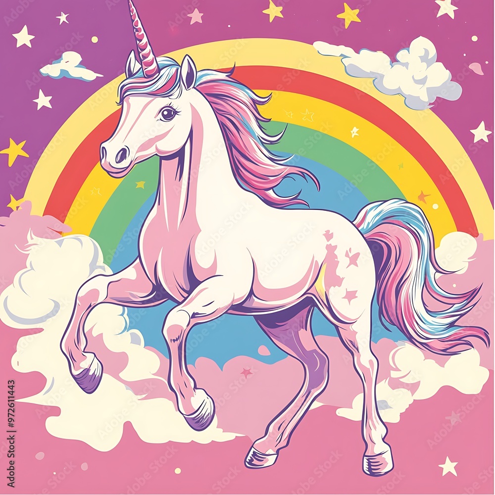 Naklejka premium A Pink Unicorn with a Rainbow and Stars