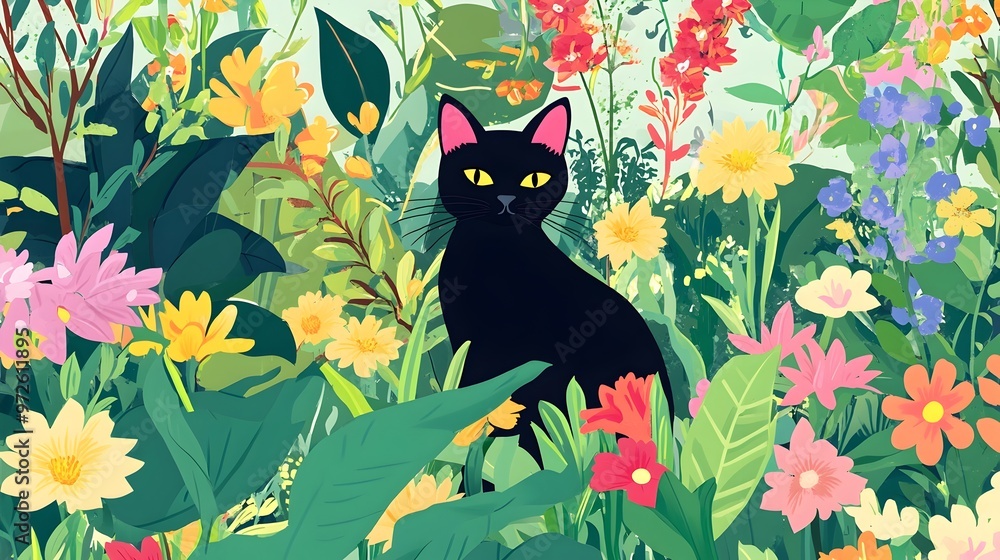 Whimsical of a Black Cat Amidst a Vibrant Floral Garden Landscape Whimsical of a Black Cat Amidst a Vibrant Floral Garden Landscape