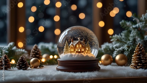 A magical snow globe filled with Christmas decorations, festive lights, and falling snowflakes, offering a cozy winter scene with ample copy space for holiday greetings or messages. photo