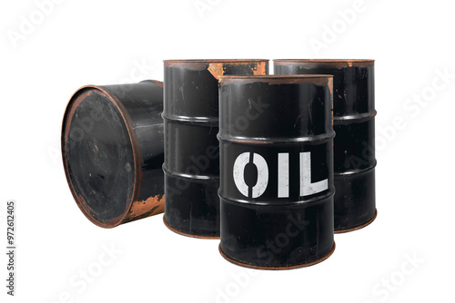 Barrel of oil. Rusty dangerous barrel with fuel or crude oil on isolated background