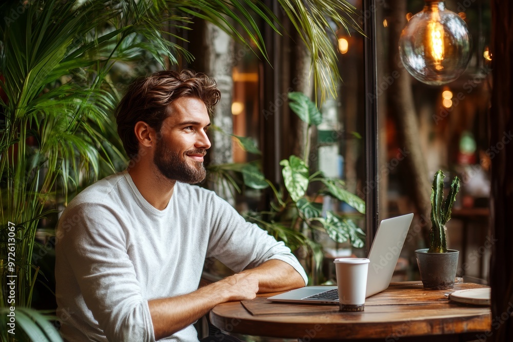 Smiling Young Man With Beard Working On Laptop In Cozy Cafe, Remote Work And Freelancing Concept Smiling Young Man With Beard Working On Laptop In Cozy Cafe, Remote Work And Freelancing Concept