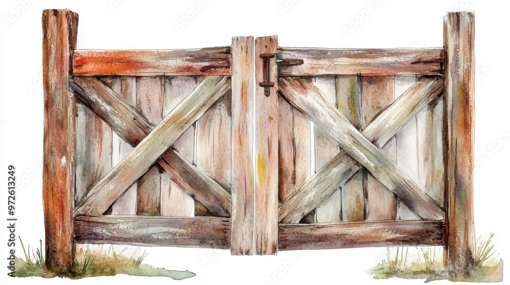 A rustic wooden gate with weathered planks is set against a grassy backdrop, showcasing natural textures and hues A rustic wooden gate with weathered planks is set against a grassy backdrop, showcasing natural textures and hues