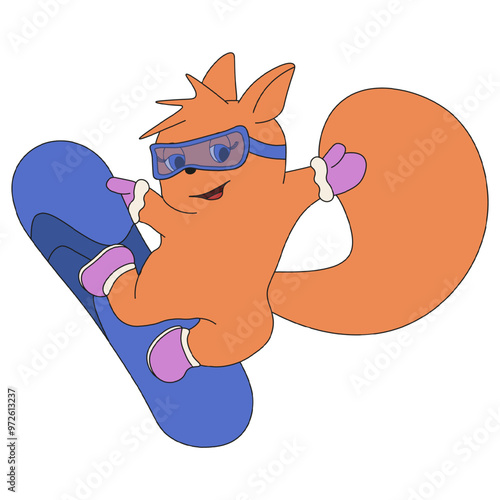 Cute Squirrel on the snowboard isolated transparent background. Template design for winter postcard poster banner. Vector illustration for winter sport activity. T-shirt print design. EPS 10