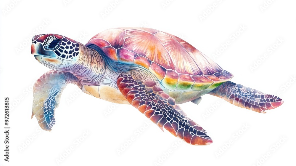 Fototapeta premium A vibrant sea turtle gracefully swims through crystal-clear waters with colorful coral reefs in the background during a sunny day