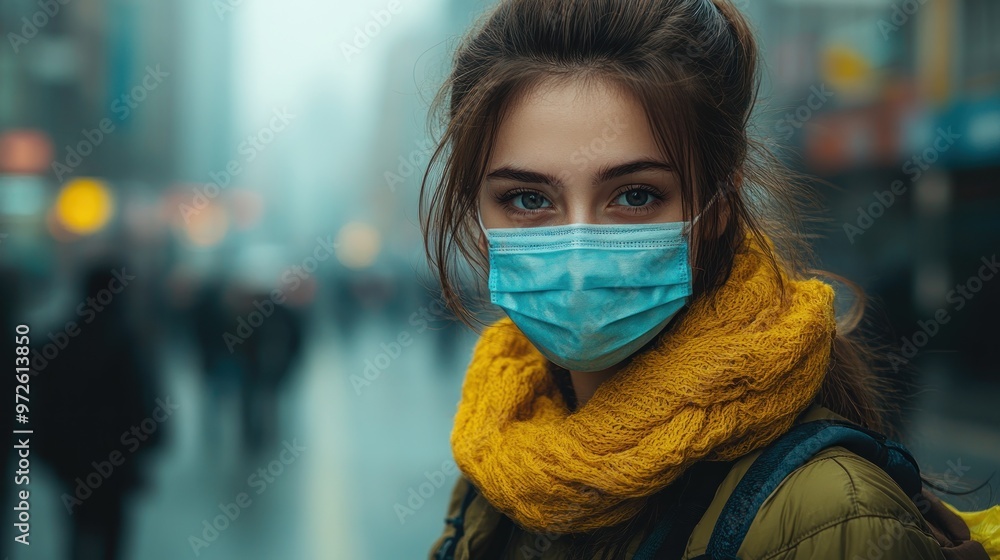 Young woman wearing a mask and scarf in a bustling city street. Young woman wearing a mask and scarf in a bustling city street.