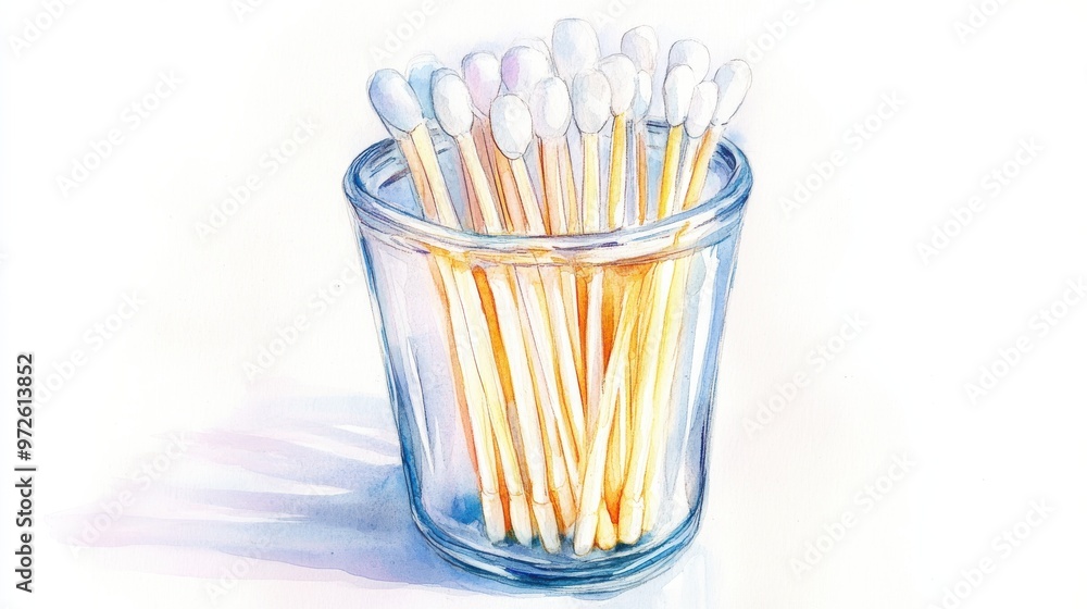 A clear glass jar filled with cotton swabs placed on a white surface in soft lighting, creating a minimalist appearance A clear glass jar filled with cotton swabs placed on a white surface in soft lighting, creating a minimalist appearance