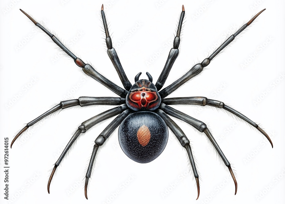 Intricate hand-drawn illustration of a black widow spider with delicate details, bold lines, and subtle shading, set Intricate hand-drawn illustration of a black widow spider with delicate details, bold lines, and subtle shading, set