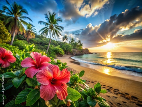 Intricate Hawaiian hibiscus flowers bloom against a serene and idyllic tropical beach background with lush greenery and photo