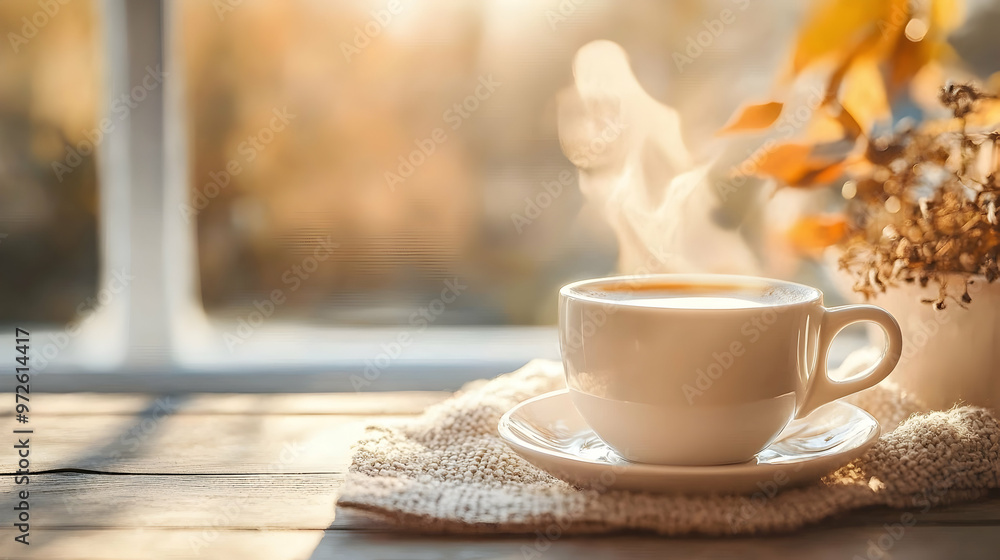 Cup of coffee with steam rising, set against a cozy background Cup of coffee with steam rising, set against a cozy background