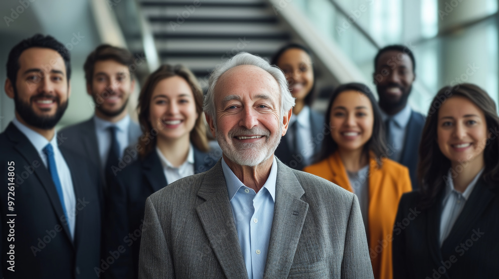 A group of business people smiling and standing together, with diversity in age and gender. A group of business people smiling and standing together, with diversity in age and gender.