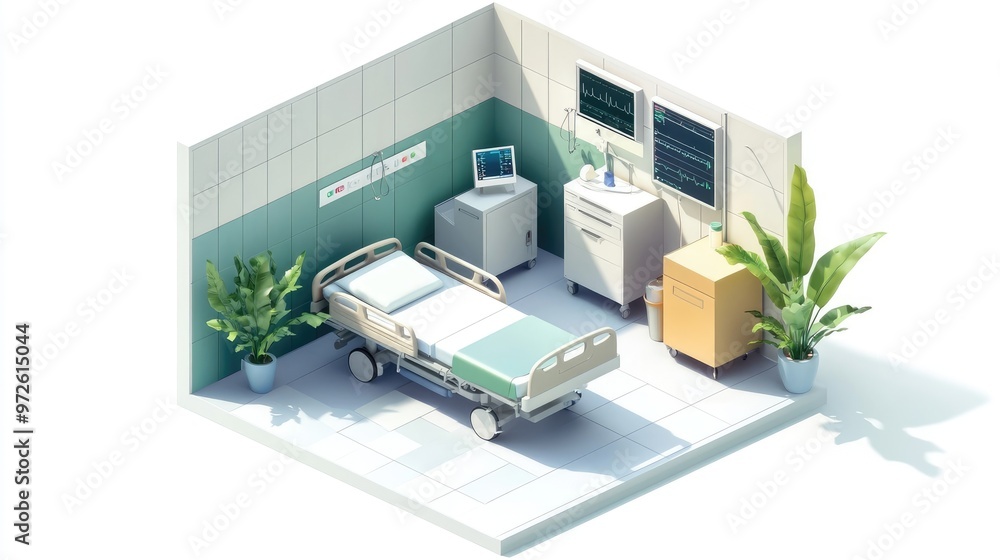 Isometric Perspective of a Hospital Room, Showcasing Bed, Medical Tools, and Plants Isometric Perspective of a Hospital Room, Showcasing Bed, Medical Tools, and Plants