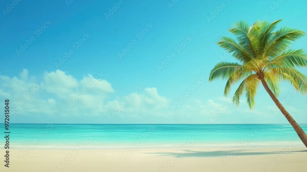A lone palm tree on a beach with blue water in the background, AI A lone palm tree on a beach with blue water in the background, AI