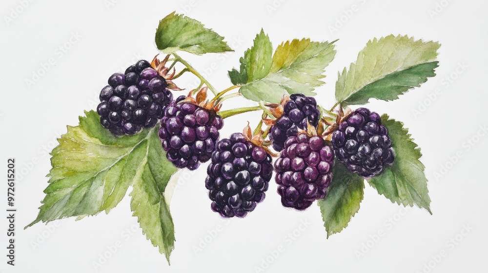 A detailed illustration of fresh blackberries with green leaves on a clean white background A detailed illustration of fresh blackberries with green leaves on a clean white background