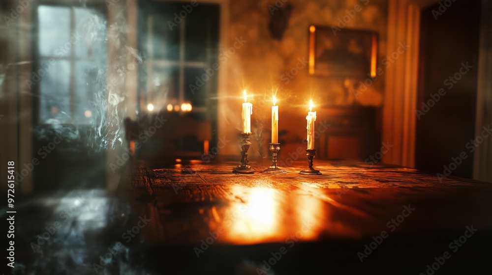Candlelight illuminates a rustic dining table in a dimly lit room with vintage decor during the evening hours Candlelight illuminates a rustic dining table in a dimly lit room with vintage decor during the evening hours
