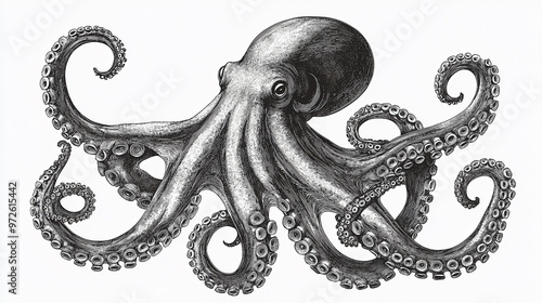 Vintage engraved illustration of an octopus (Octopus vulgaris). The highly detailed monochromatic artwork features the marine creature with its tentacles spread