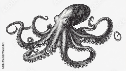 Vintage engraved illustration of an octopus (Octopus vulgaris). The highly detailed monochromatic artwork features the marine creature with its tentacles spread