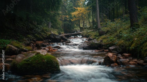 Serene Creek Flowing Through a Lush Forest