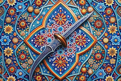 Intricate Middle Eastern-inspired ornate arabesque pattern surrounds a minimalist illustration of a curved dagger with