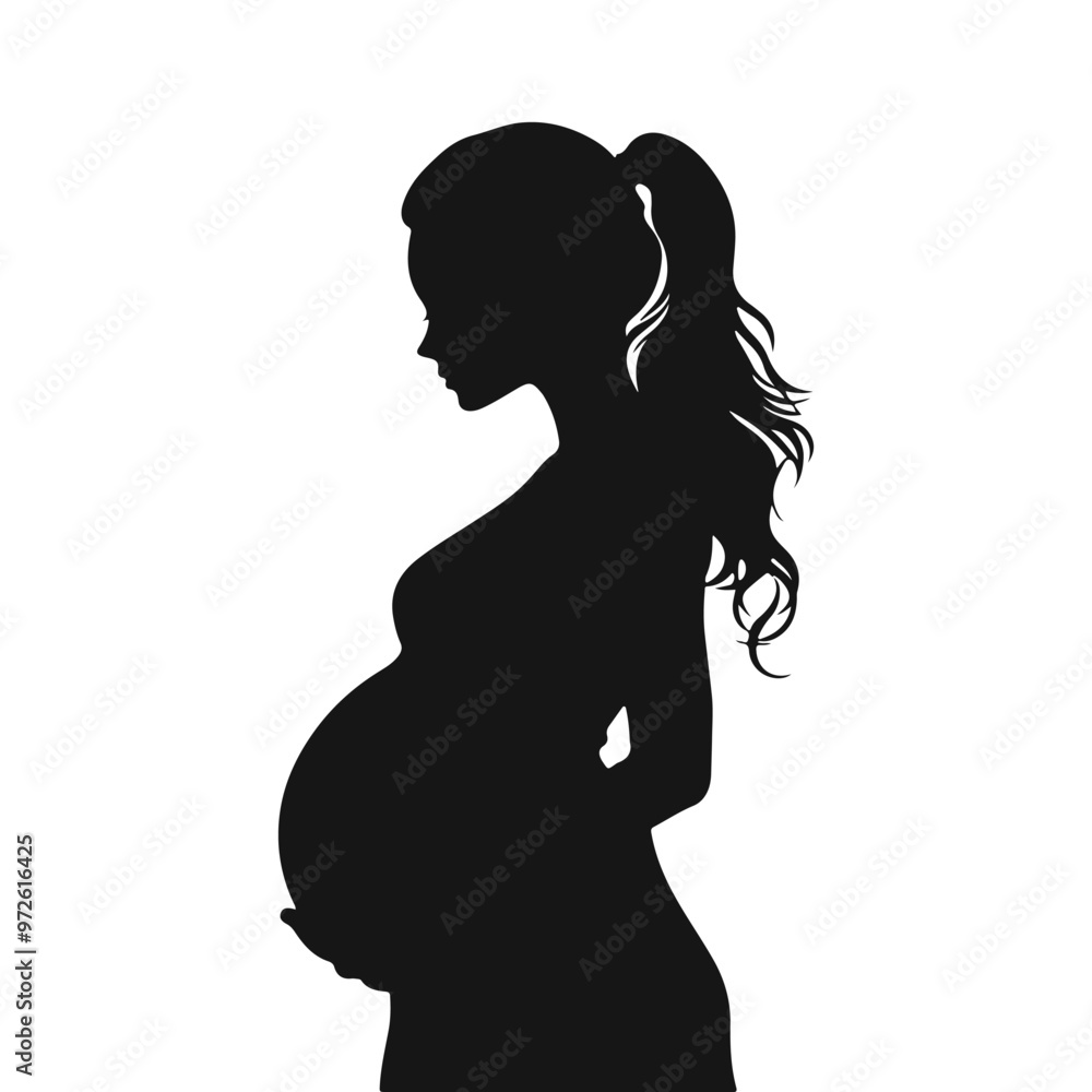 Black silhouette of a pregnant woman with straight hair. Vector illustration isolated on white Black silhouette of a pregnant woman with straight hair. Vector illustration isolated on white