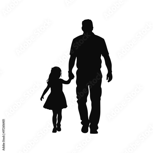 Vector silhouette of dad and daughter walk hand in hand isolated. Parental love. father and daughter holding hands and walking. Fathers day.